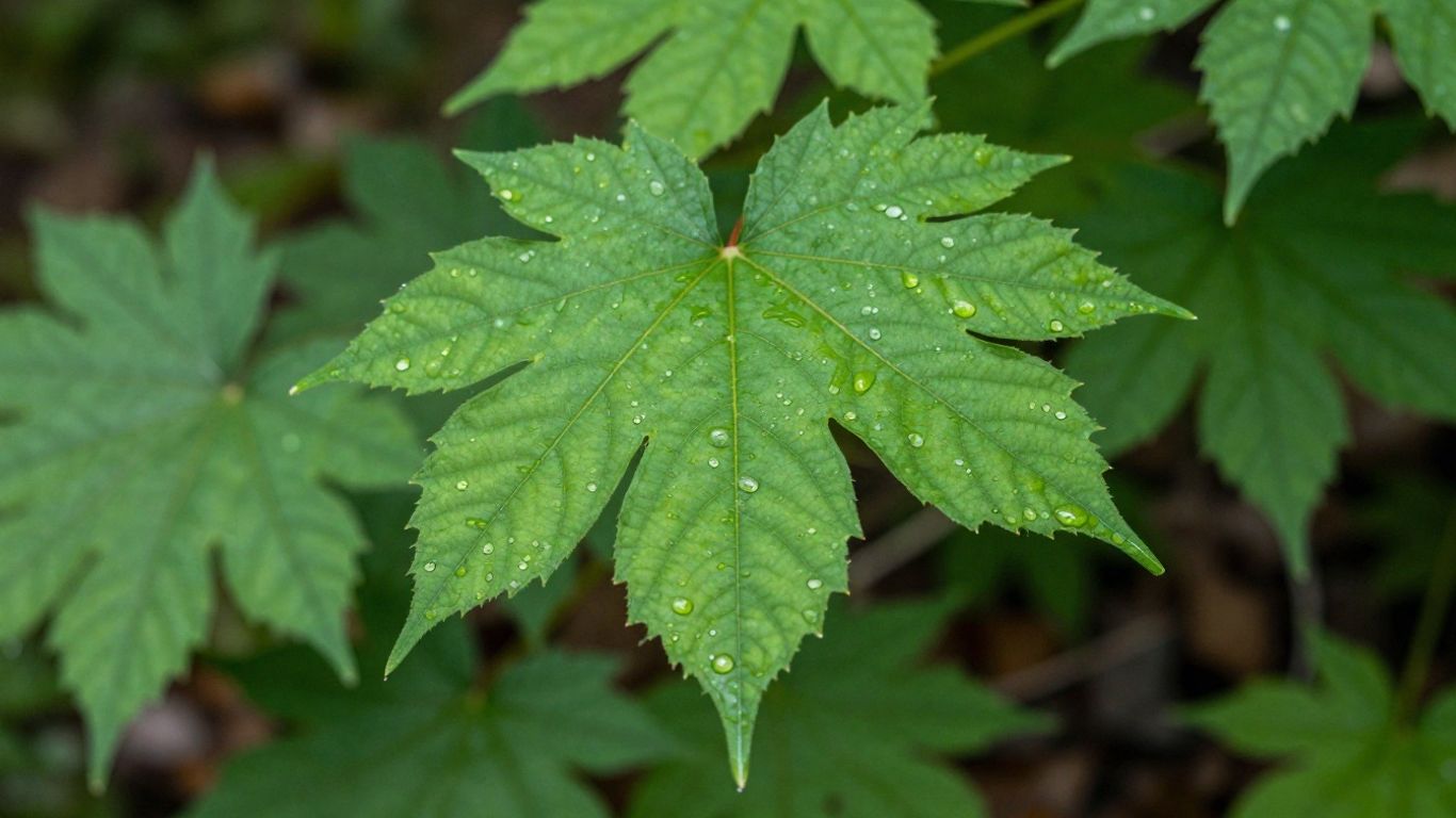 Green leaf with dewdrop, blurred forest background.