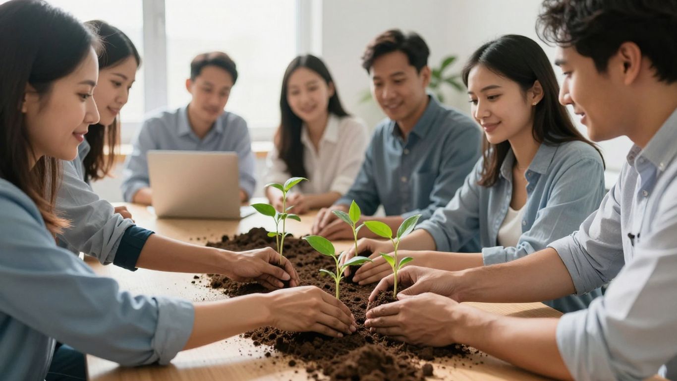 Corporate team planting saplings for environmental sustainability.