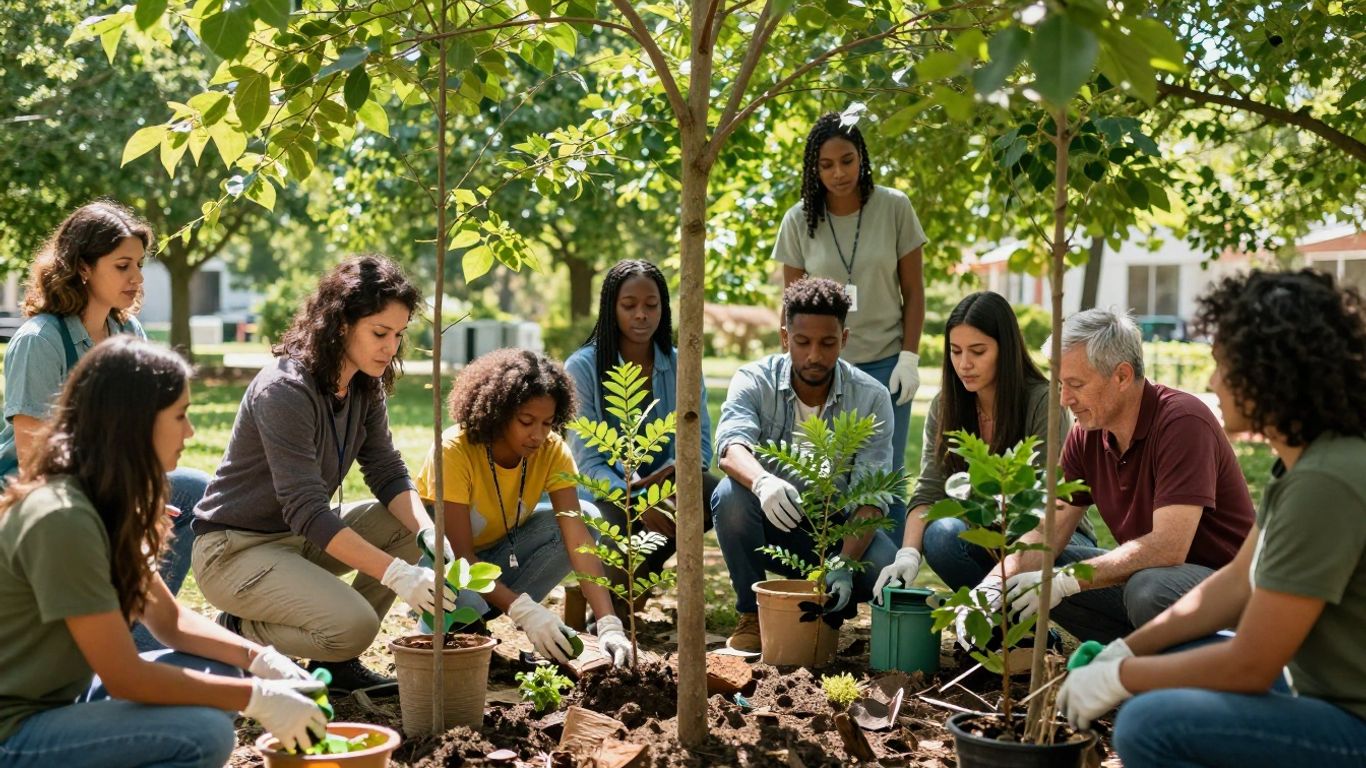 People planting trees in a community project.