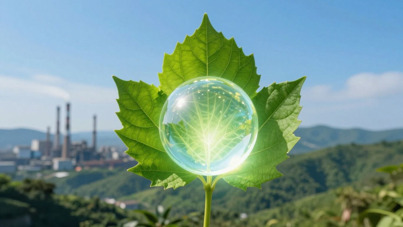 Green leaf holding glowing orb, symbolizing clean energy.