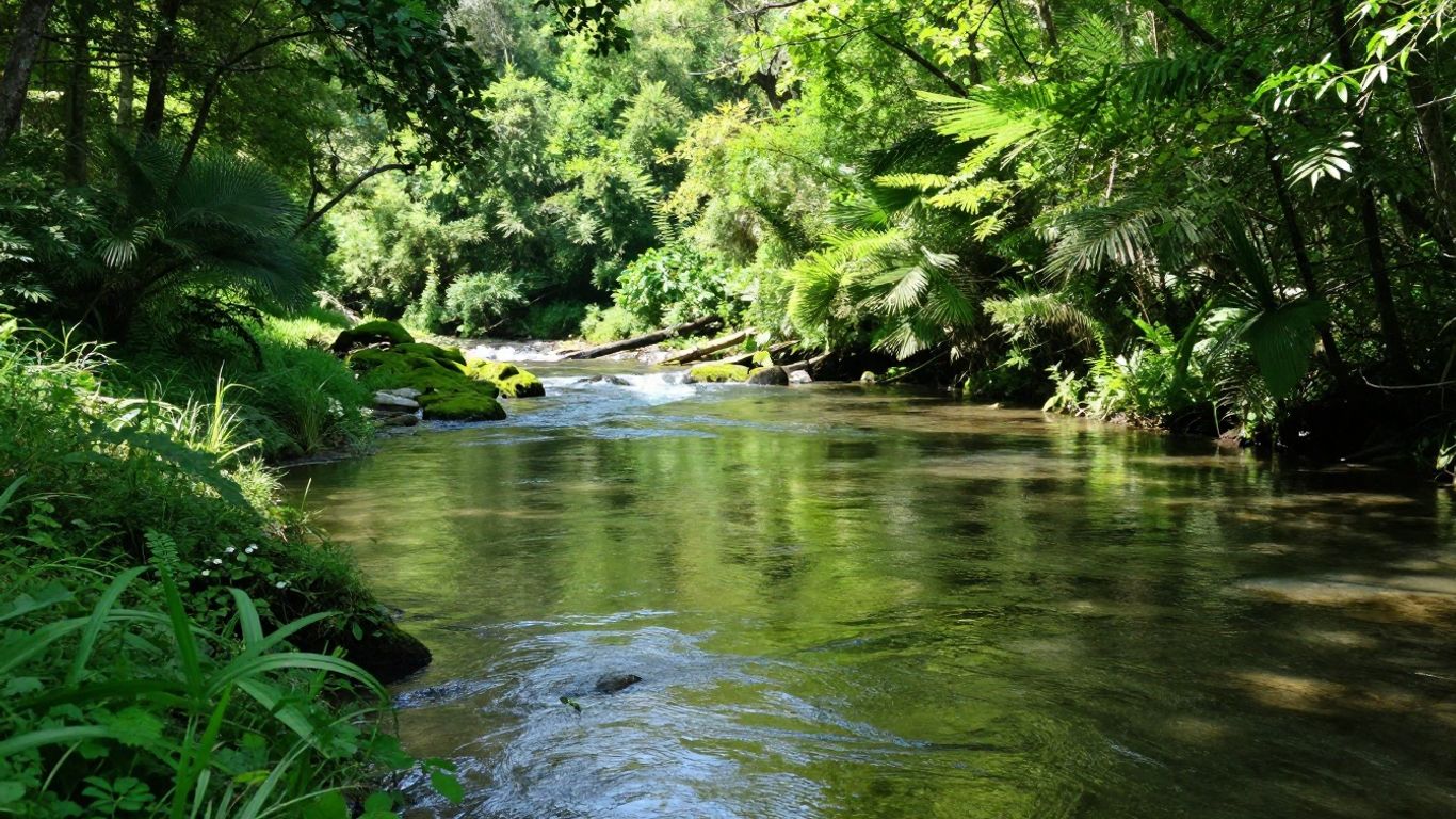 Green watershed with clear river and sunlight.