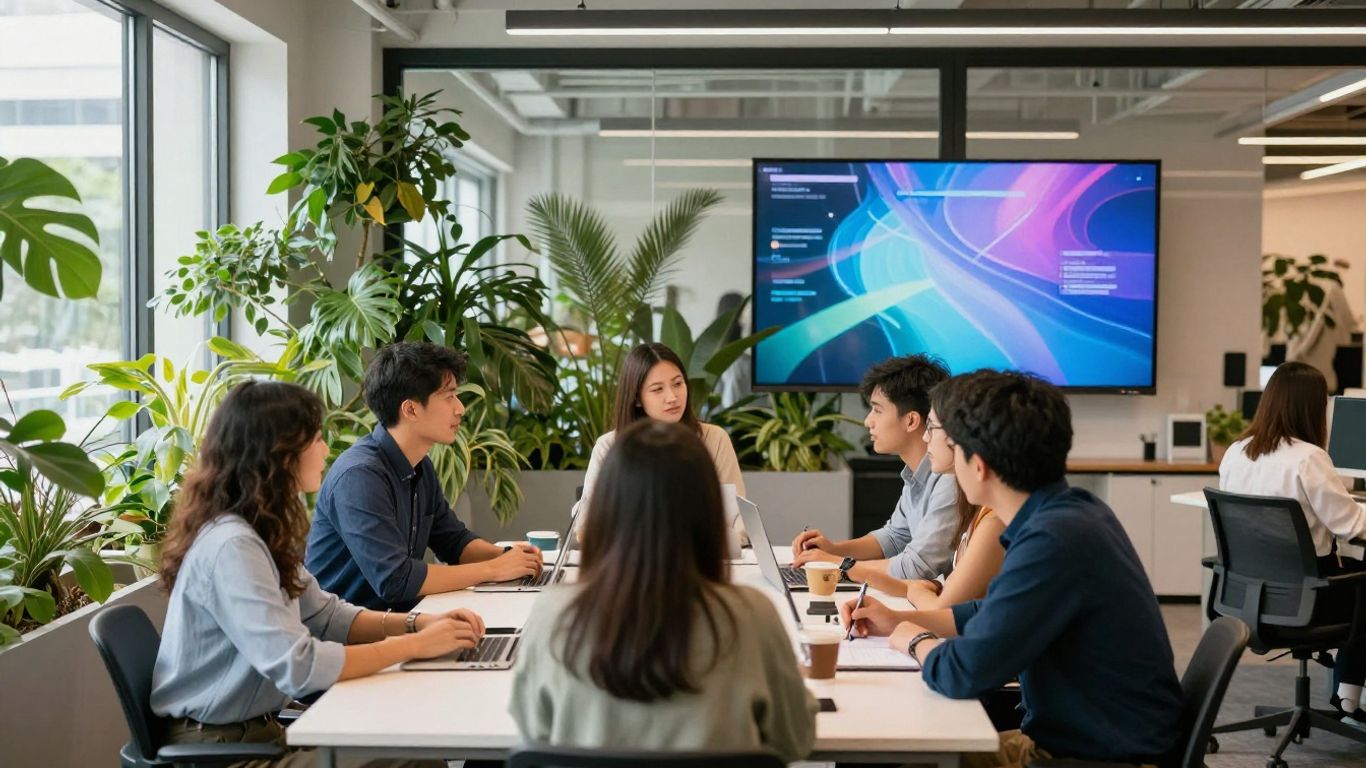 Team collaborating in a modern office with a digital display.