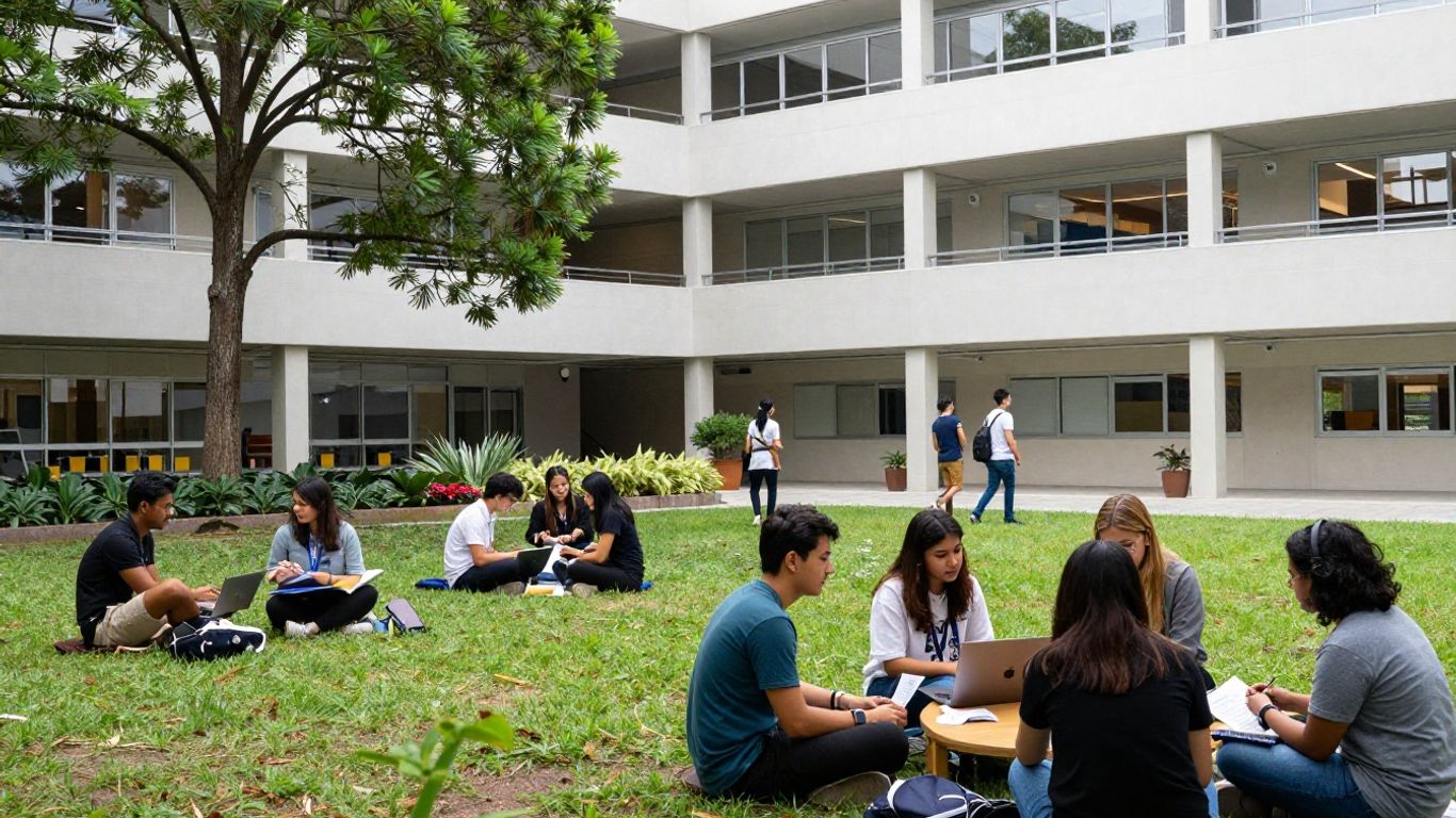 TU Berlin campus with students collaborating on innovation projects.