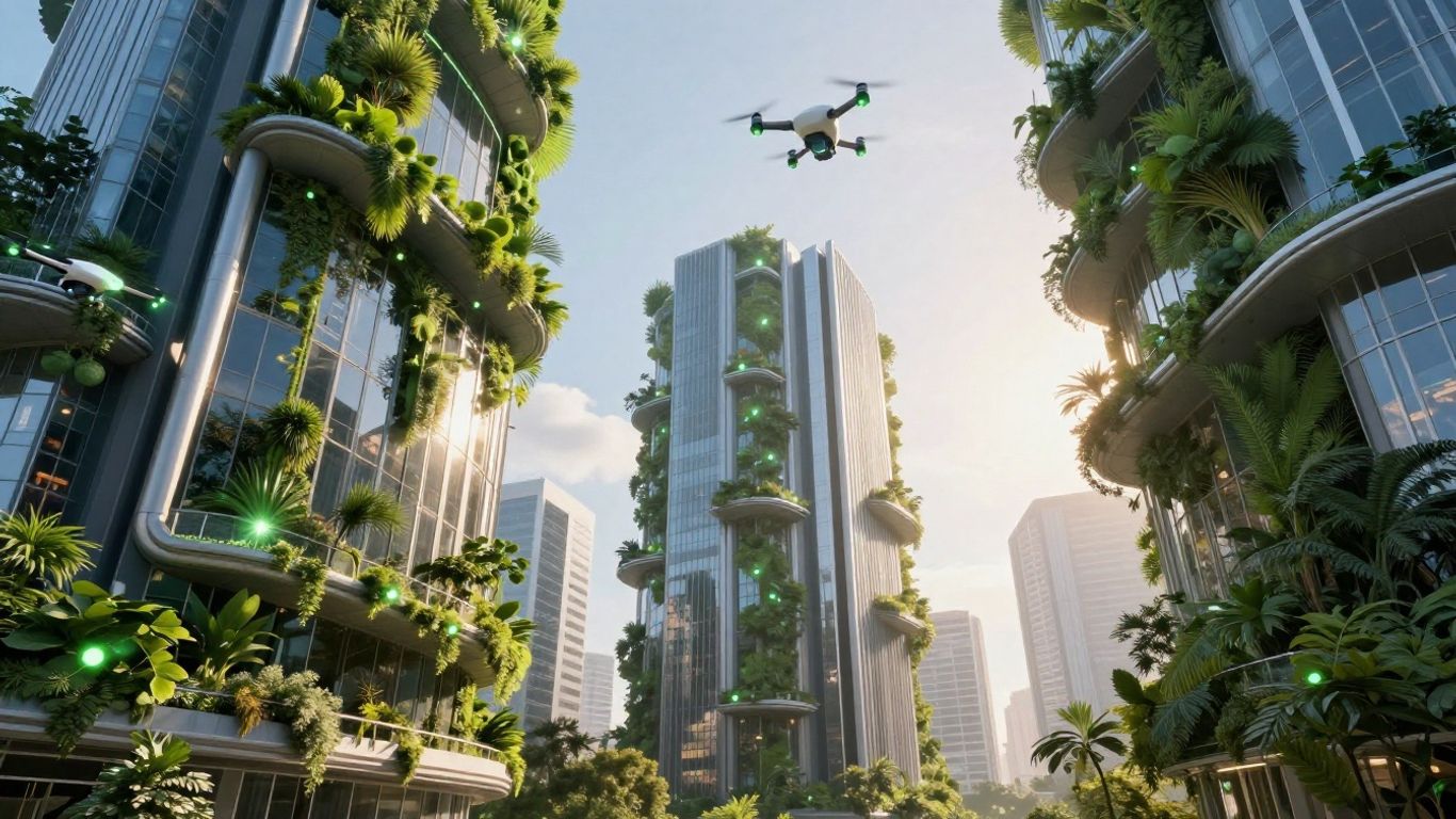 Futuristic sustainable city skyline with green technology.