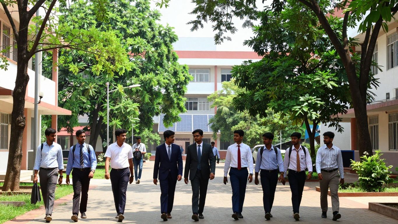 Students on a green Indian campus pursuing MBA in Sustainability.