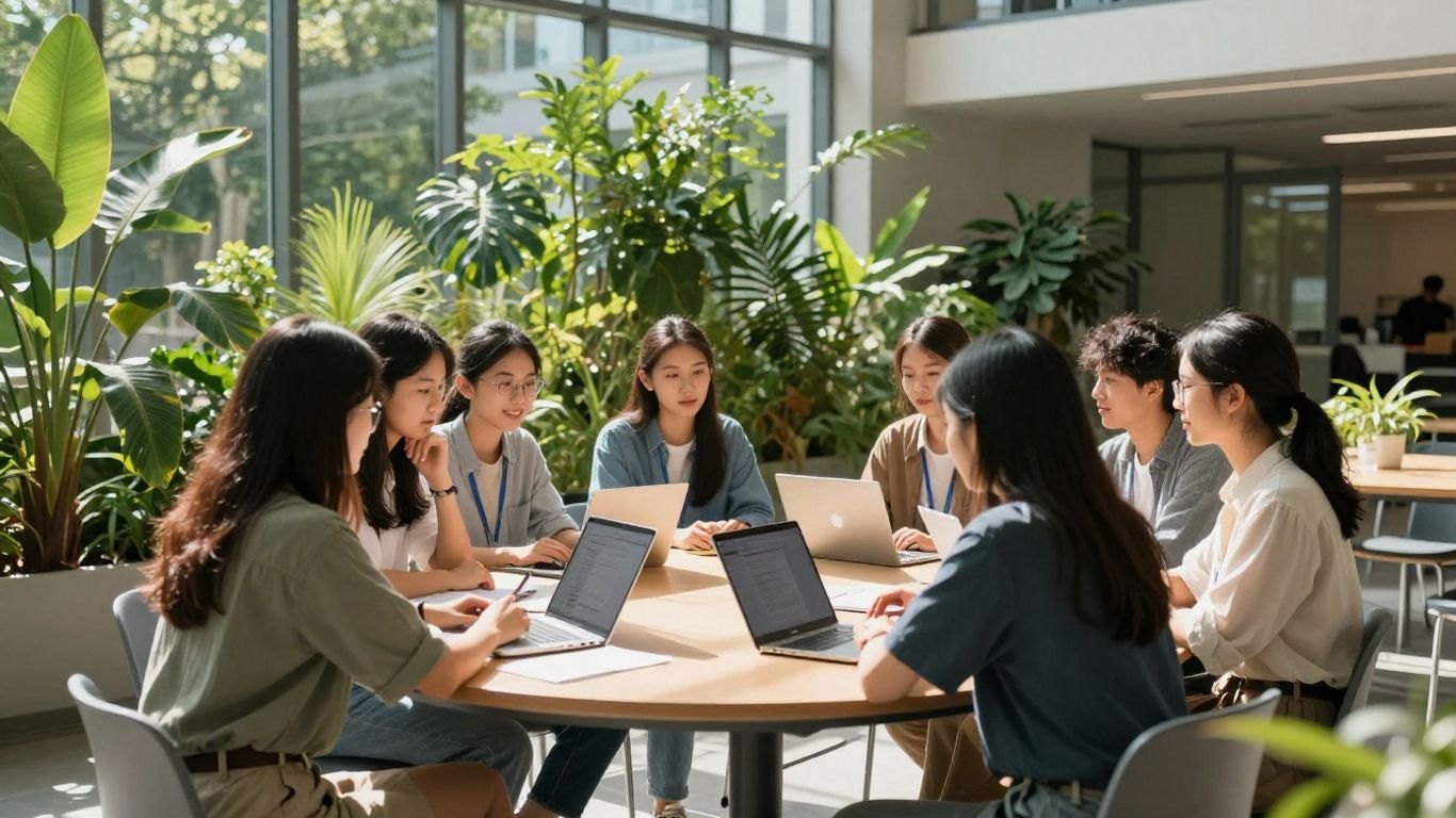 Columbia University MS Sustainability Management students in a bright, green study space.
