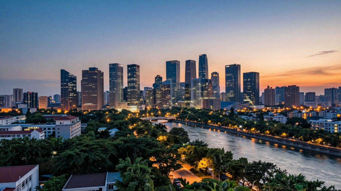 City skyline with green trees and river, data lines connecting buildings.