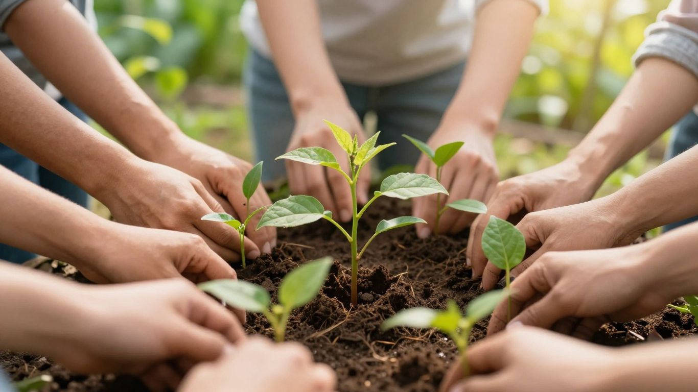 Hands planting a tree in a community garden.