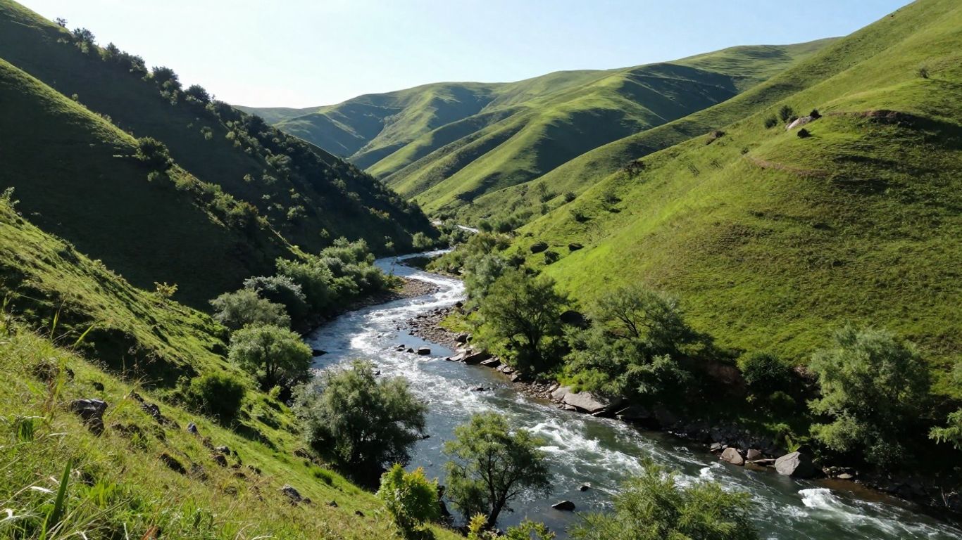 River flowing through green hills under sunlight.