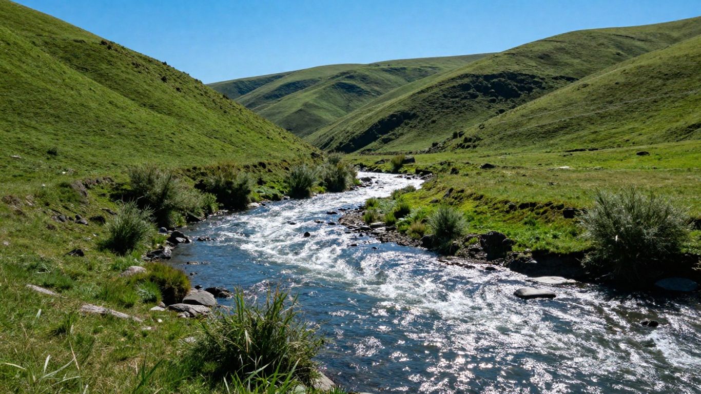 River flowing through green hills under a blue sky.