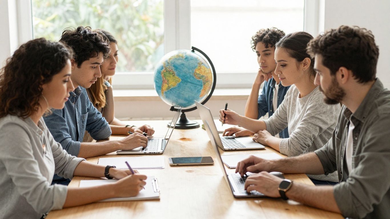 People working together with a globe in the background.