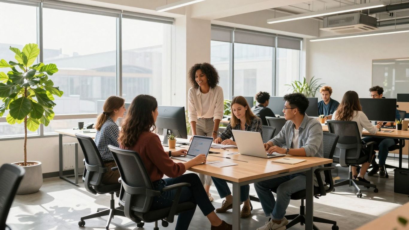 Diverse team collaborating in a bright, modern office.