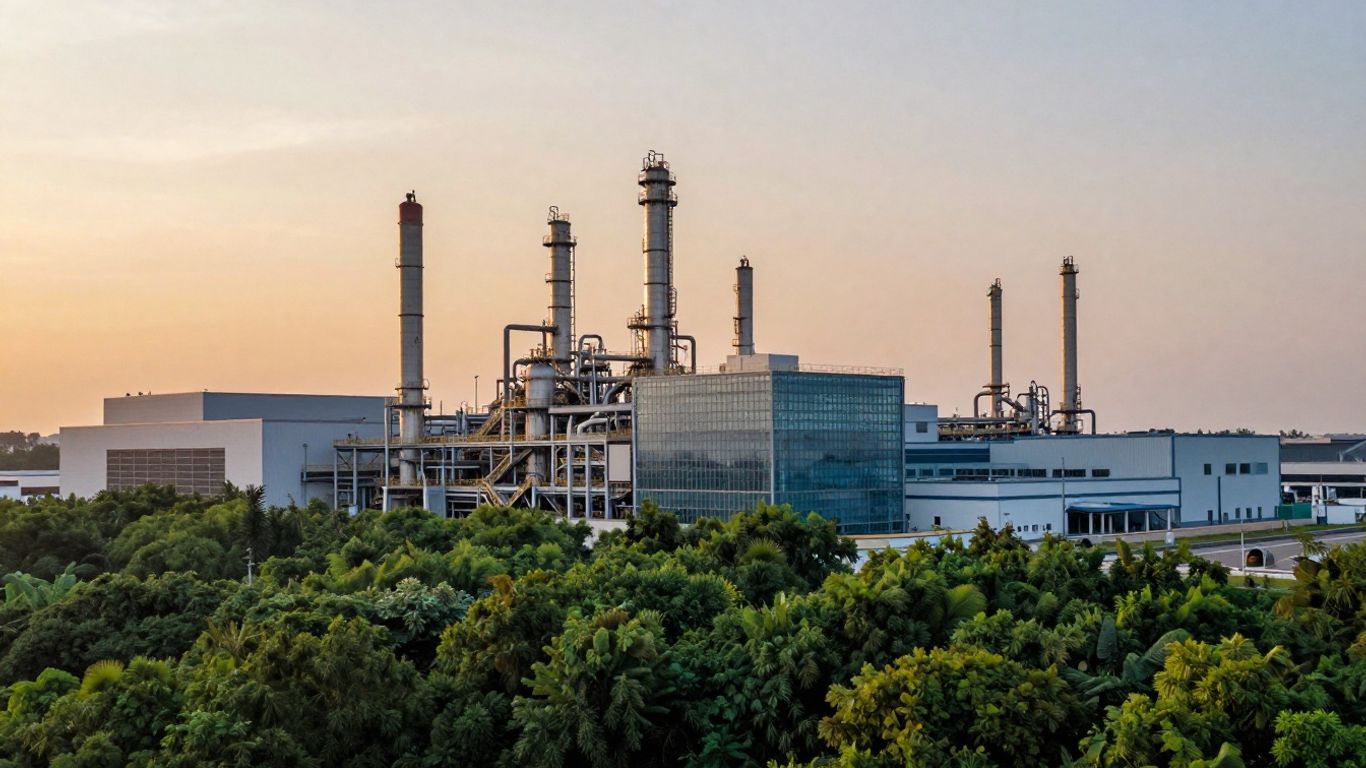 A lush green forest meeting a clean industrial facility