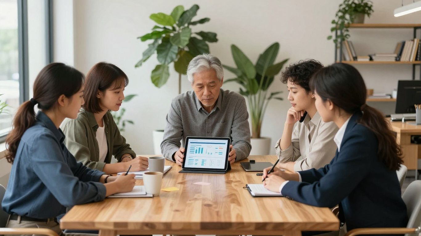 Professional team discussing ESG metrics in office