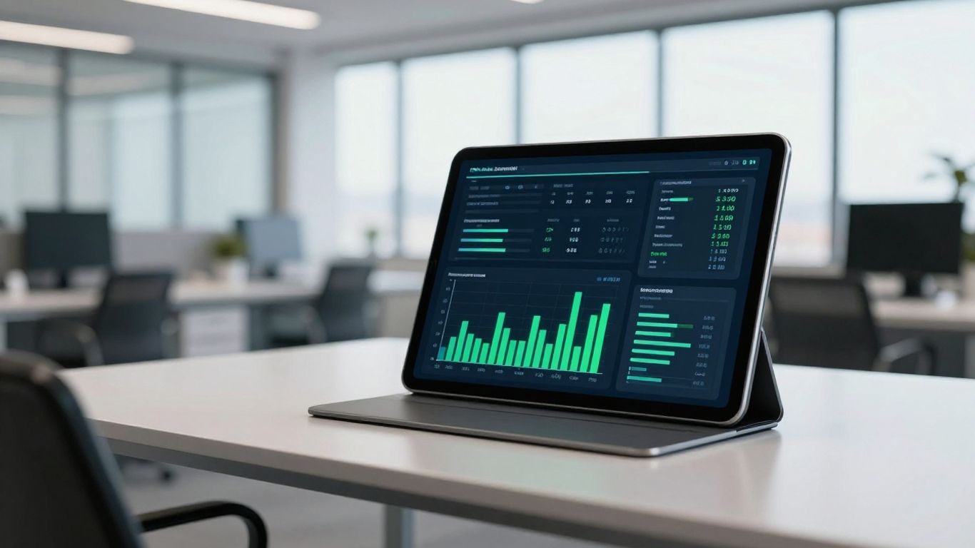 A clean digital dashboard with bar charts tracking performance metrics