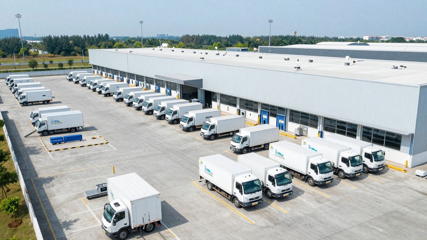 Logistics hub with distribution vehicles