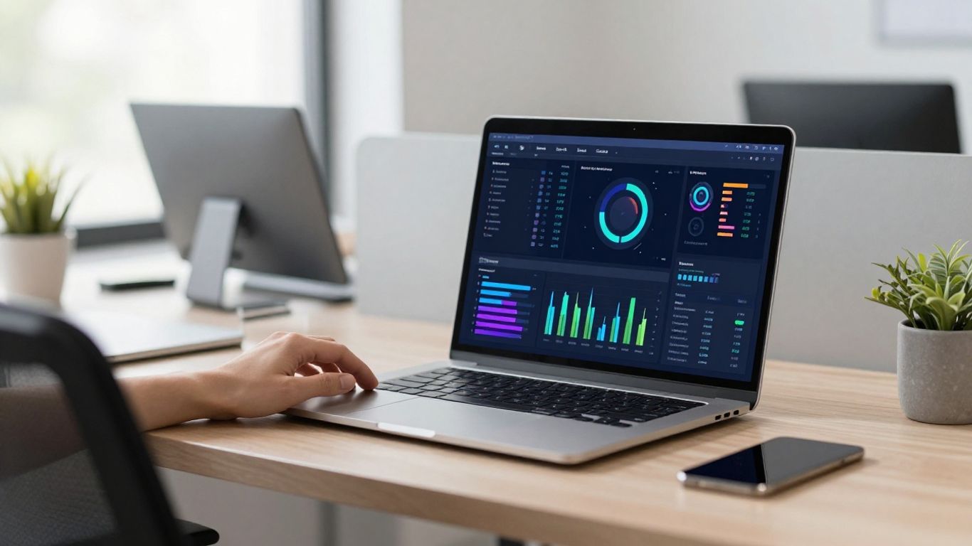 Modern dashboard displayed on a large office workstation