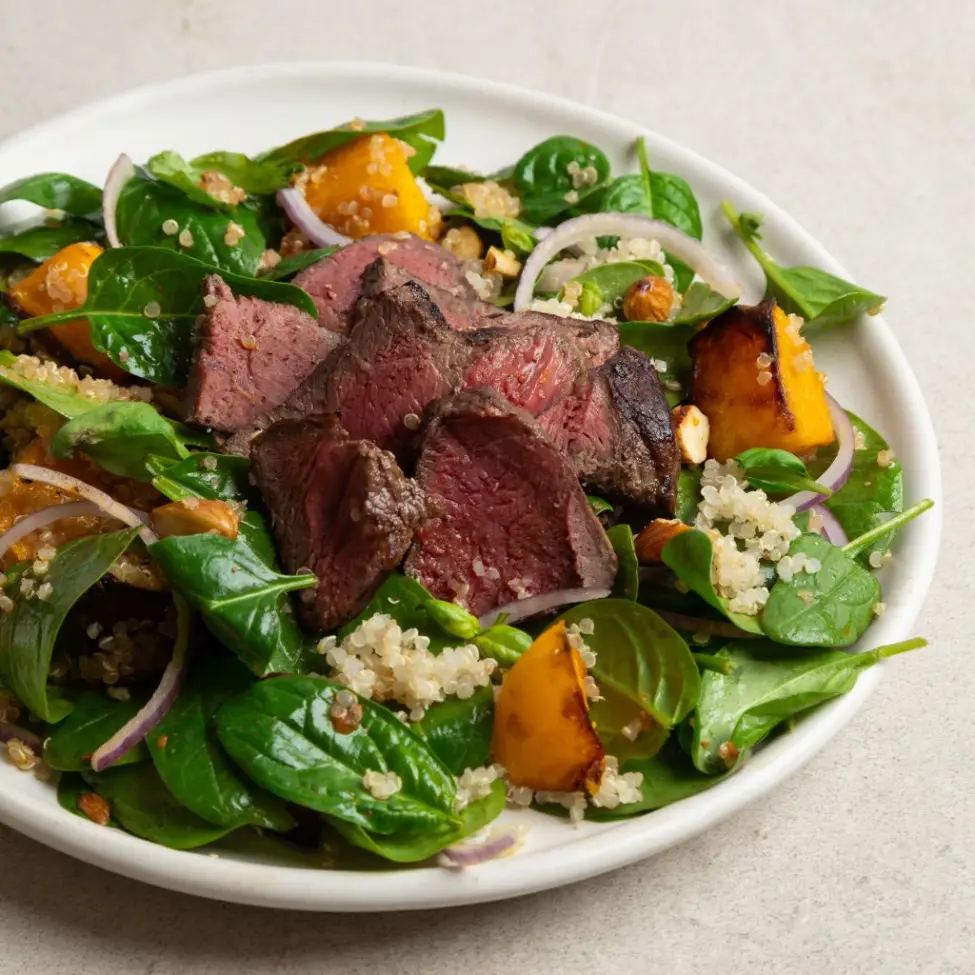 Seared Beef & Roast Pumpkin Salad with Harissa Dressing