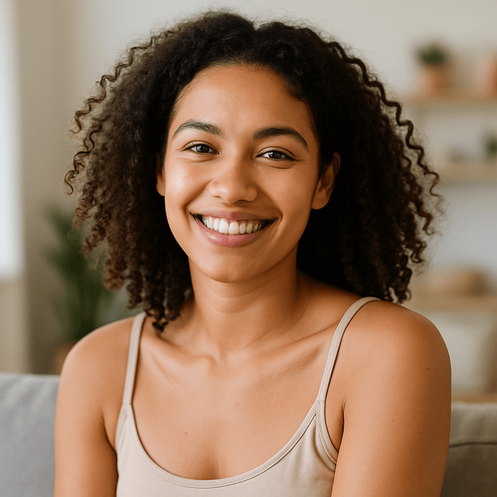 Happy, confident individual with smooth, healthy skin enjoying a wellness moment — ideal visual representation for Deep RF stretch mark treatment in Wichita Falls.