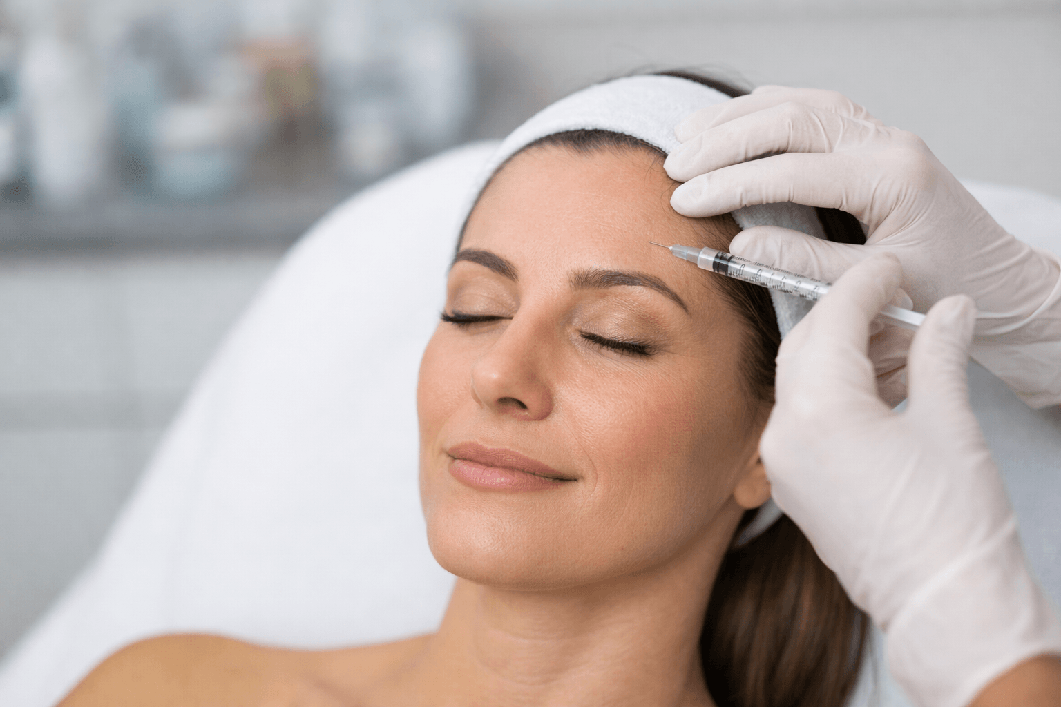 Patient receiving Botox injections on forehead in Wichita Falls, Texas for natural wrinkle reduction