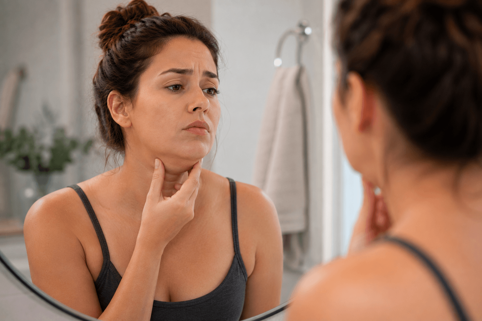 Woman admiring defined jawline after Kybella treatment for submental fat in Wichita Falls Texas