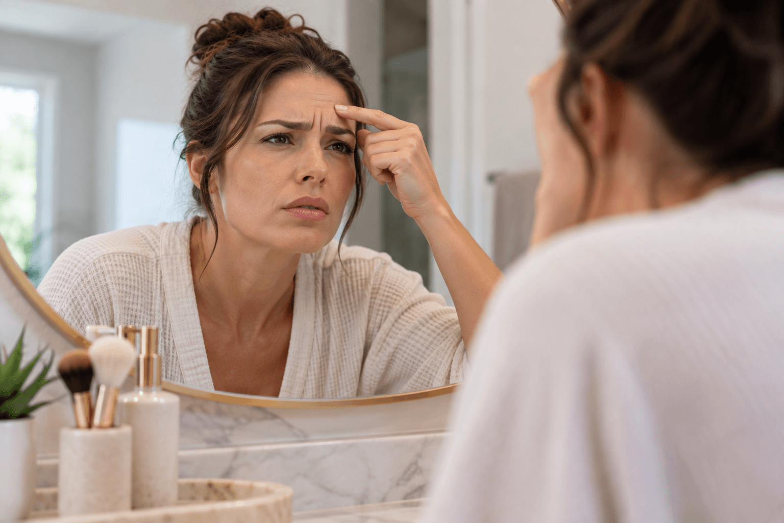 Woman in Wichita Falls, Texas checking deep frown lines between her eyebrows in a mirror