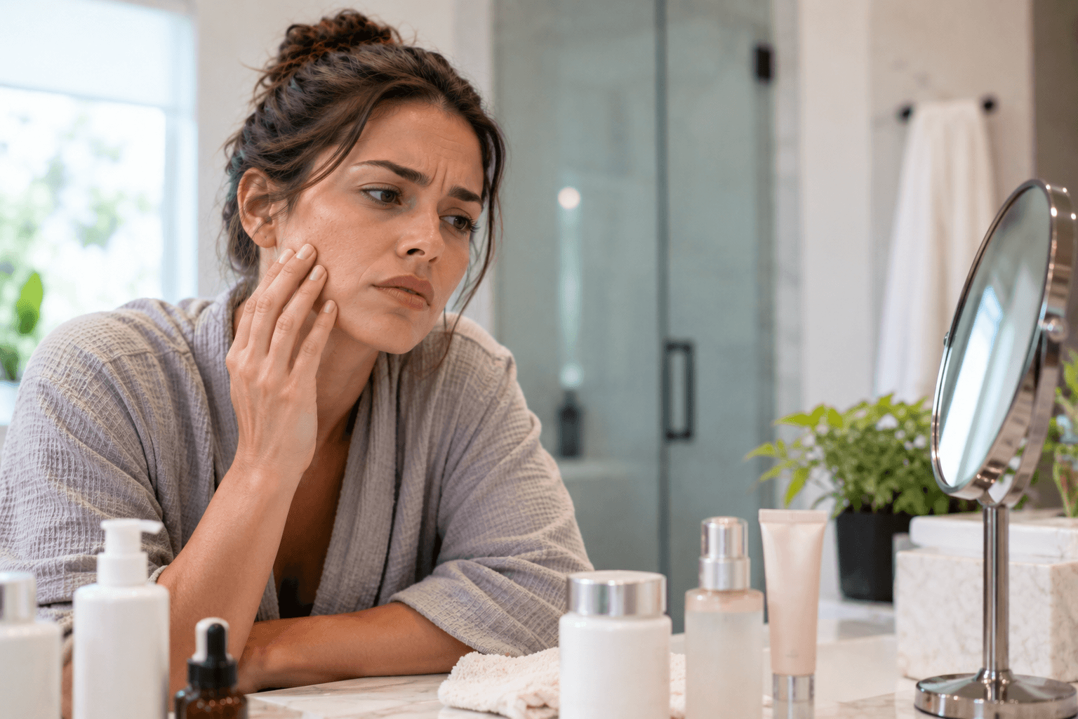 Woman examining her skin in the mirror wondering if she needs a medical spa in Wichita Falls, Texas