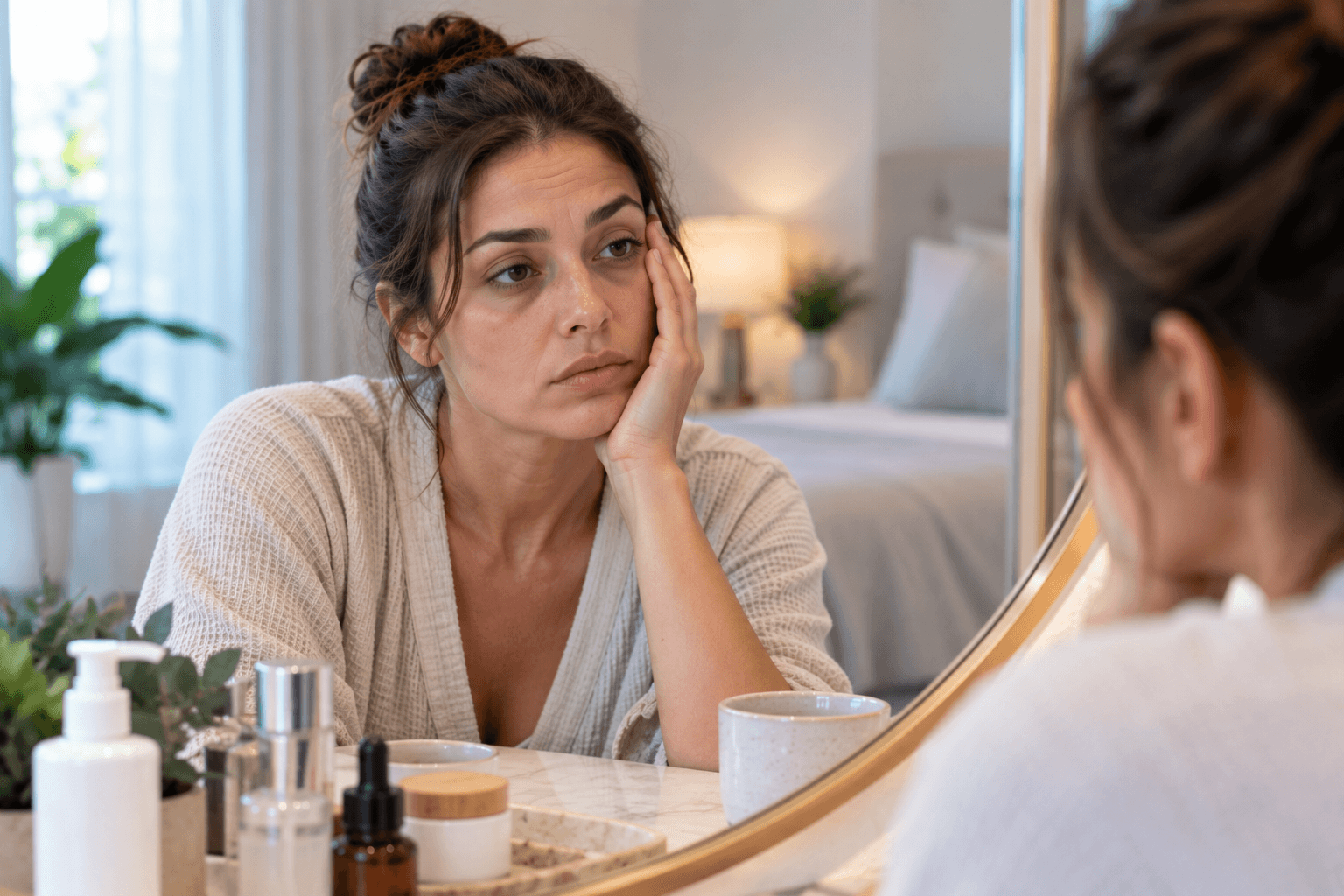 Woman in Wichita Falls, Texas looking at hollow under eyes and midface volume loss in a mirror