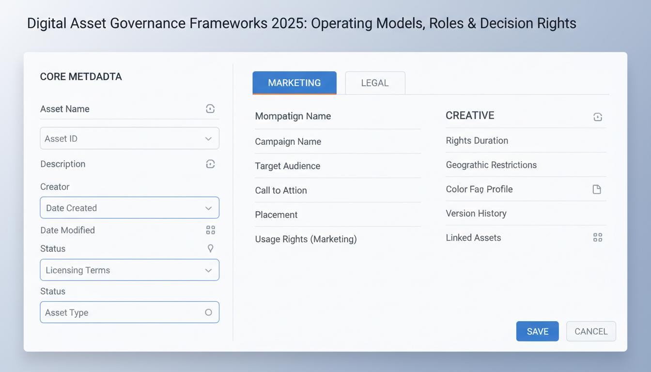 Digital asset governance dashboard showing DAM operating model interface with metadata forms and department-specific fields