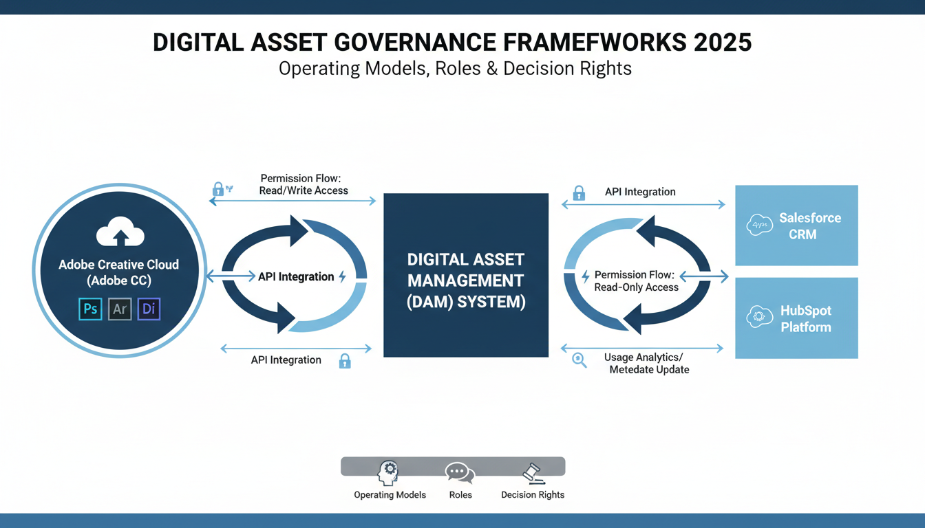 Digital asset governance DAM system architecture diagram showing API connections to Salesforce HubSpot Adobe CC platforms