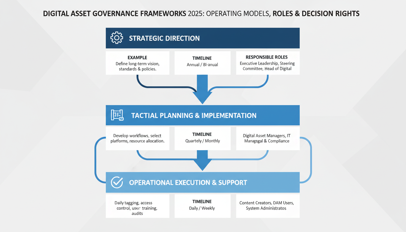 Digital asset governance workflow diagram showing three-tier DAM operating model with decision rights and role hierarchy