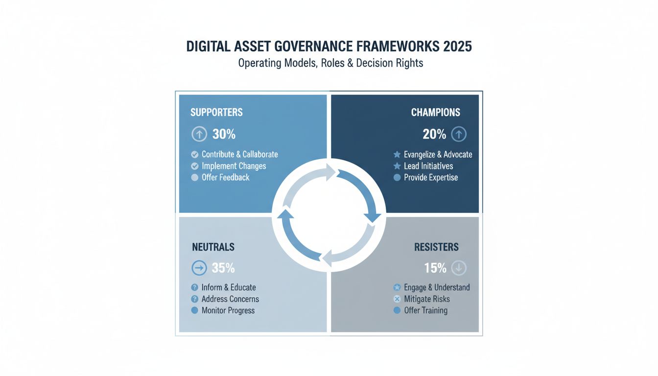 Digital asset governance stakeholder mapping diagram showing four quadrants with adoption percentages for DAM operating model