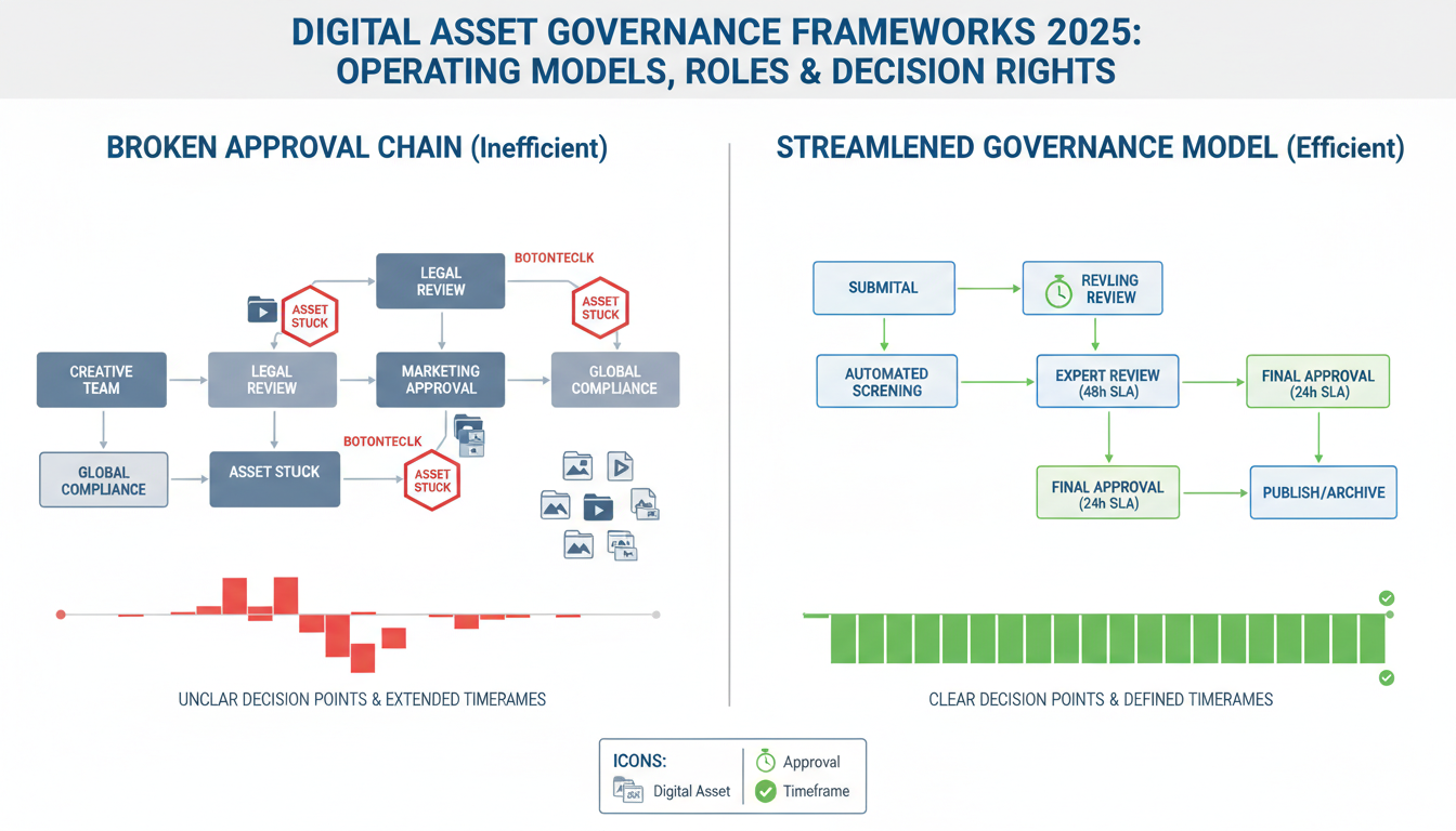 Digital asset governance workflow diagram comparing broken approval chains with streamlined DAM operating models and decision