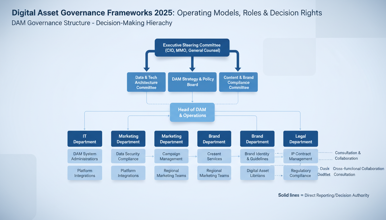Digital asset governance organizational chart showing DAM operating model with IT Marketing Brand Legal team decision rights