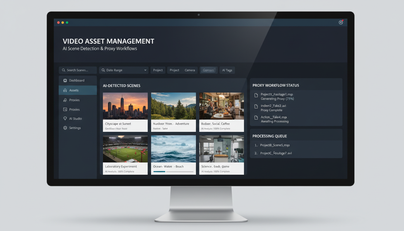 Video asset management dashboard with AI scene detection, proxy workflows, and metadata tags for frame-based search