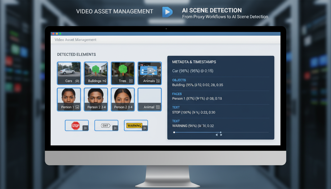 Video asset management interface showing AI scene detection results with thumbnail grid and metadata panel for frame-based se