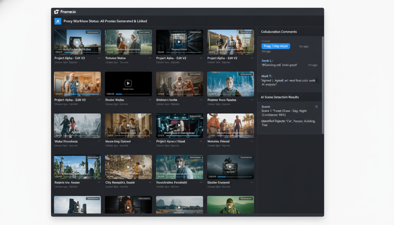 Frame.io dashboard displaying video asset management with proxy workflows, AI scene detection panel, and video thumbnails