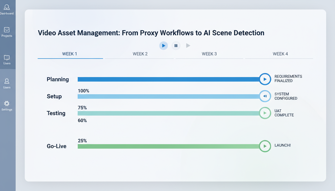 Video asset management implementation timeline dashboard showing 4-phase proxy workflow setup with AI scene detection milesto