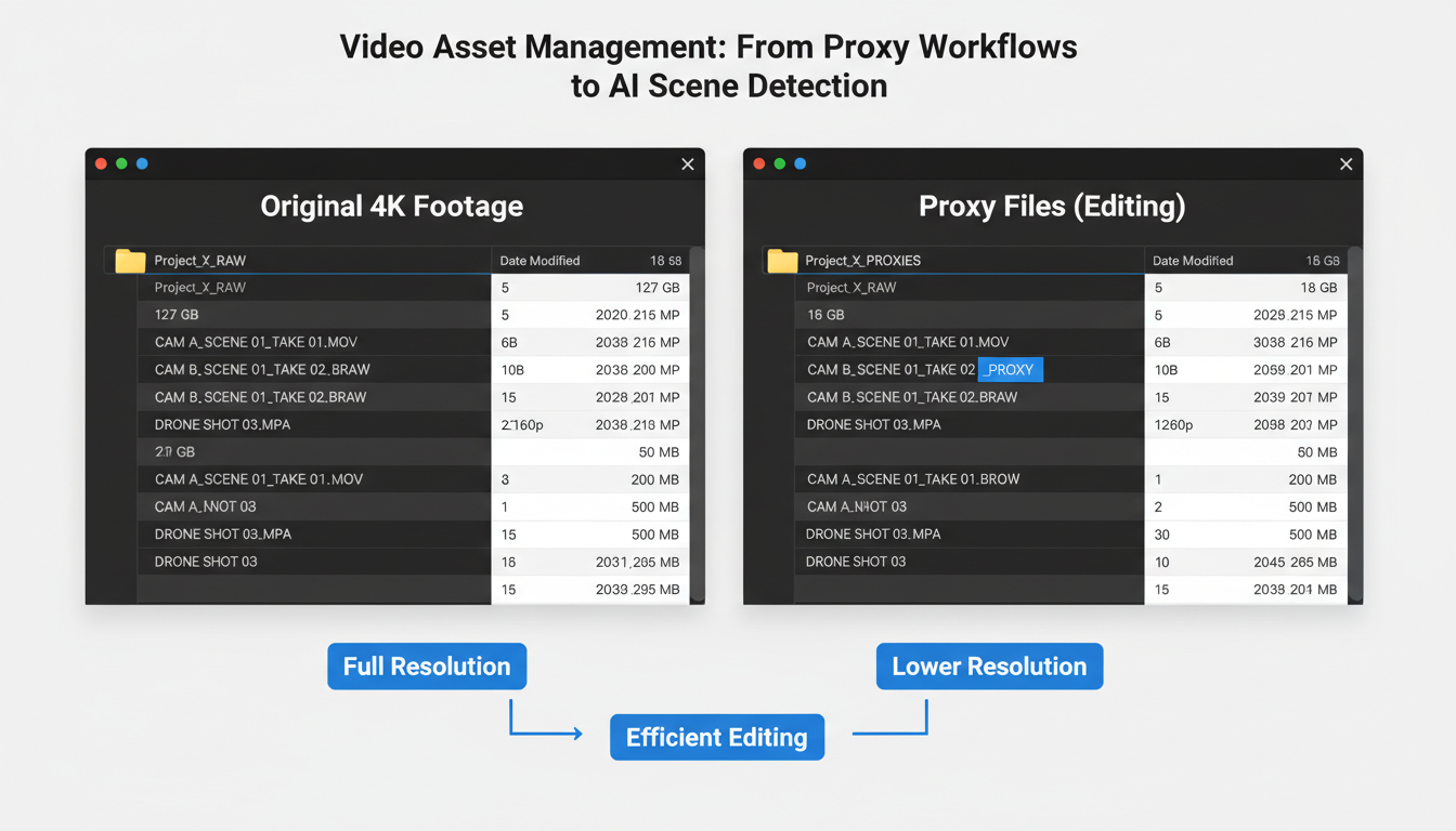 Video asset management comparison showing 4K footage folder at 127GB versus proxy workflow folder at 18GB for efficient editi