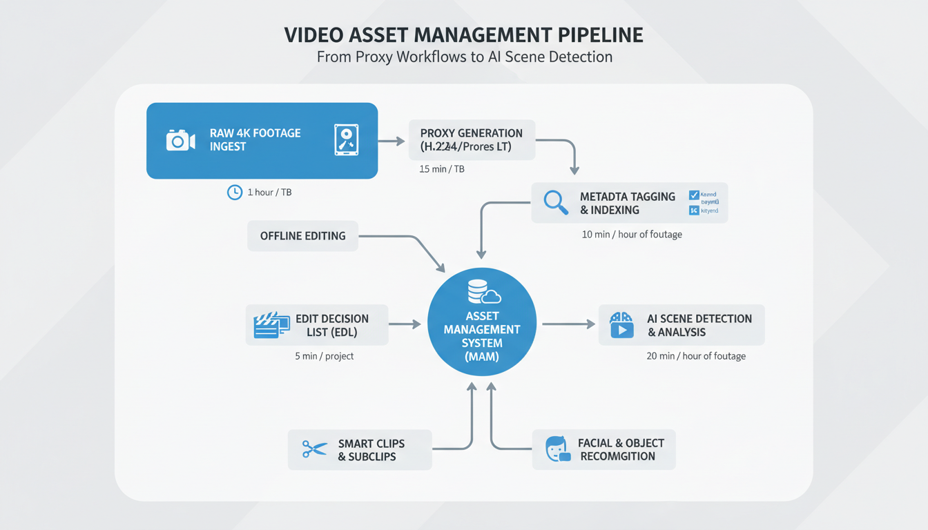 Video asset management workflow diagram showing proxy generation, metadata tagging, and AI scene detection pipeline from 4K f