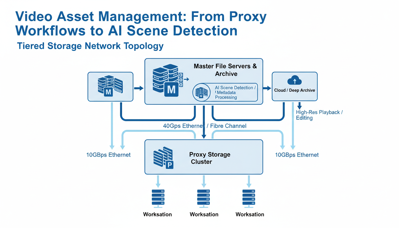 Network diagram showing video asset management proxy workflow architecture with 10Gbps and 40Gbps server connections