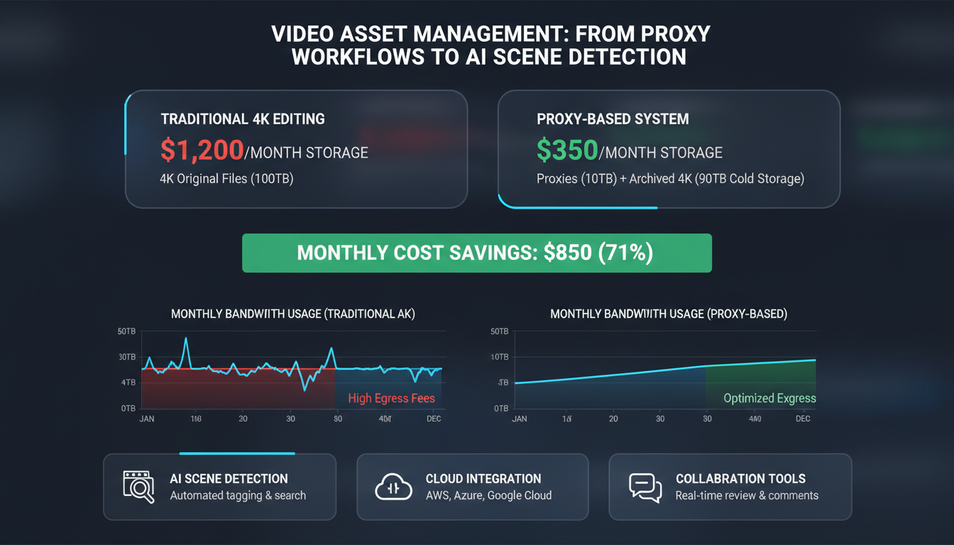 Dashboard showing video asset management cost savings comparing traditional 4K editing vs proxy workflows with bandwidth grap