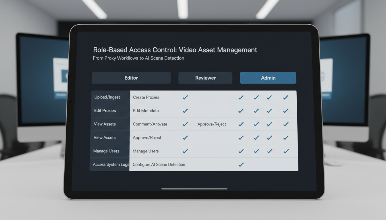 Video asset management dashboard showing role-based access control with Editor, Reviewer, and Admin user permissions matrix
