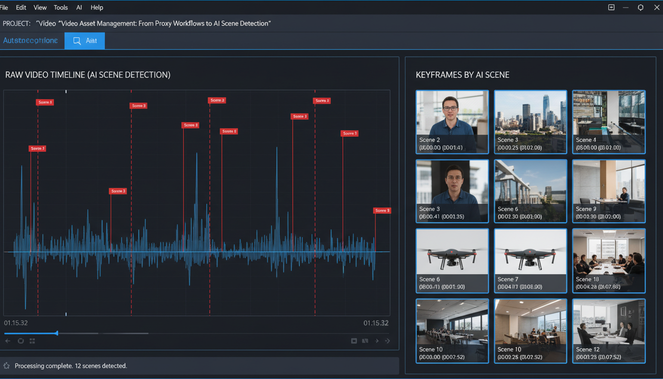 Video asset management interface showing AI scene detection with timeline markers and thumbnail grid for frame-based search