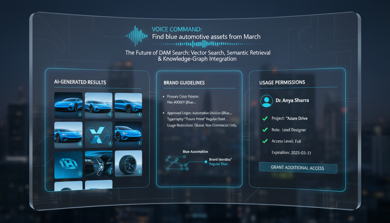 DAM interface with vector search and semantic retrieval displaying blue automotive assets via voice command and AI results