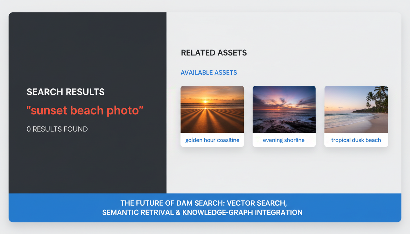 Split-screen DAM interface showing failed keyword search vs semantic retrieval finding relevant sunset beach assets using vec