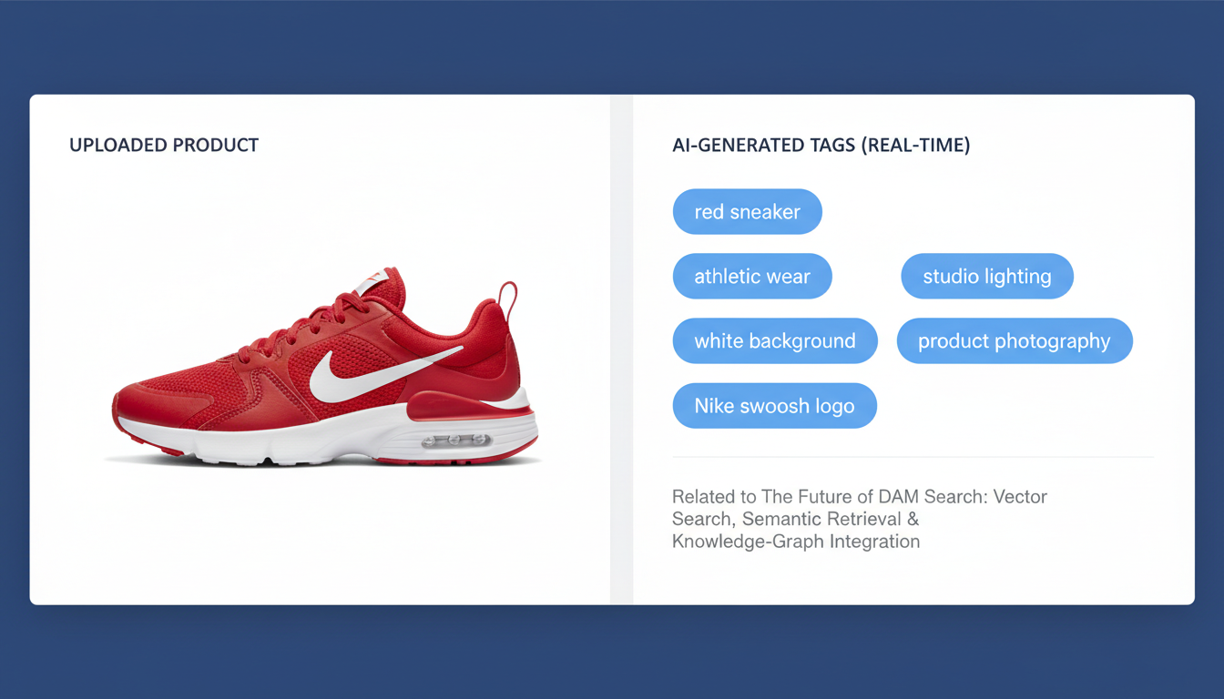 AI-powered DAM interface showing vector search and semantic retrieval generating product tags from sneaker image upload
