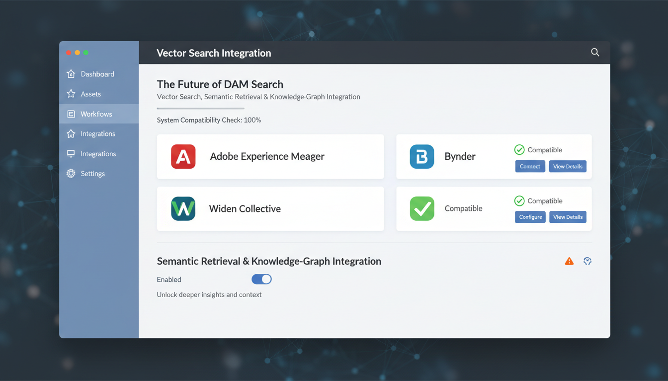 Vector search DAM integration dashboard showing semantic retrieval compatibility with Adobe, Bynder, Widen platforms
