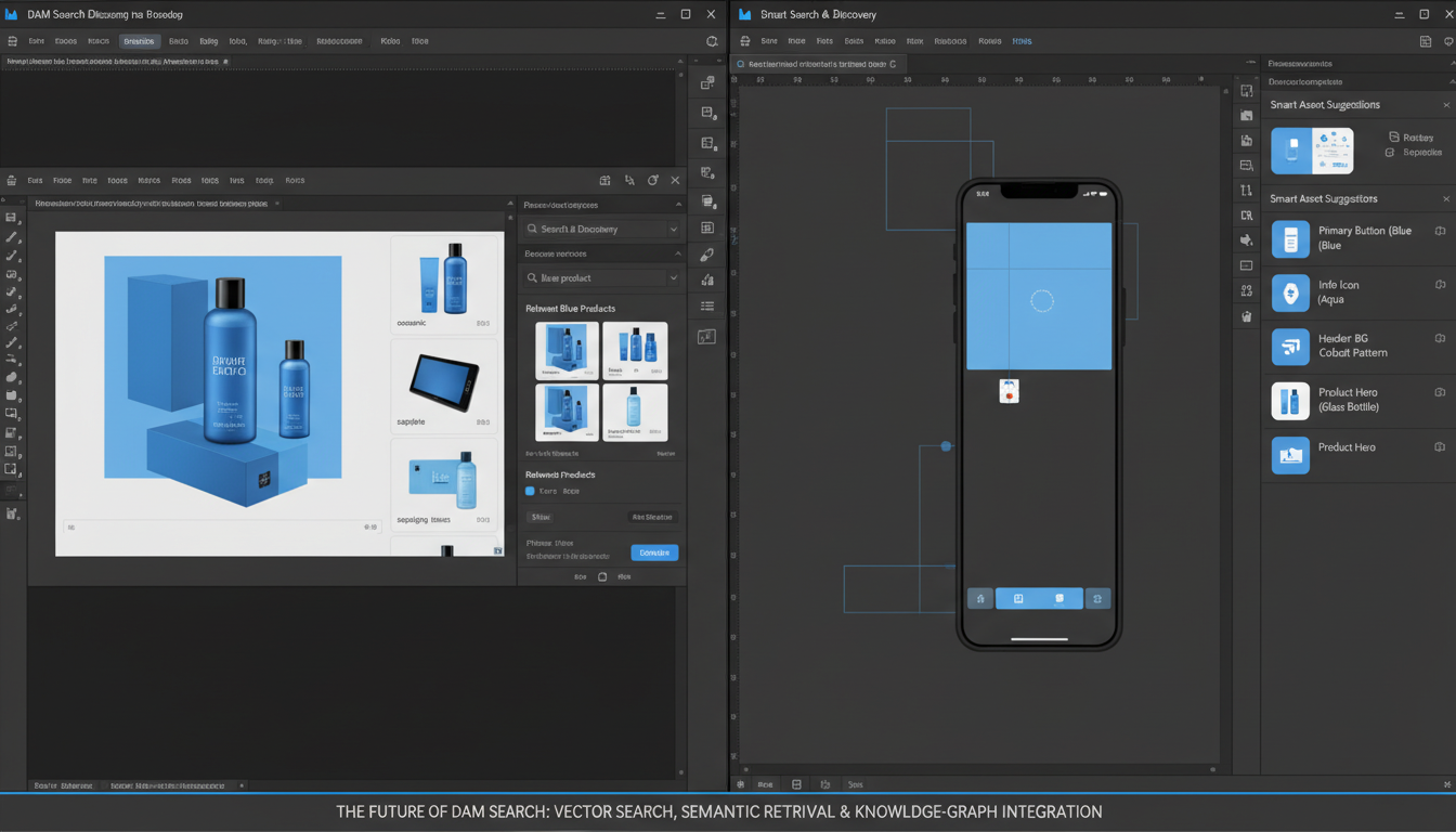Split-screen showing Photoshop DAM with vector search results and Figma with semantic retrieval asset suggestions