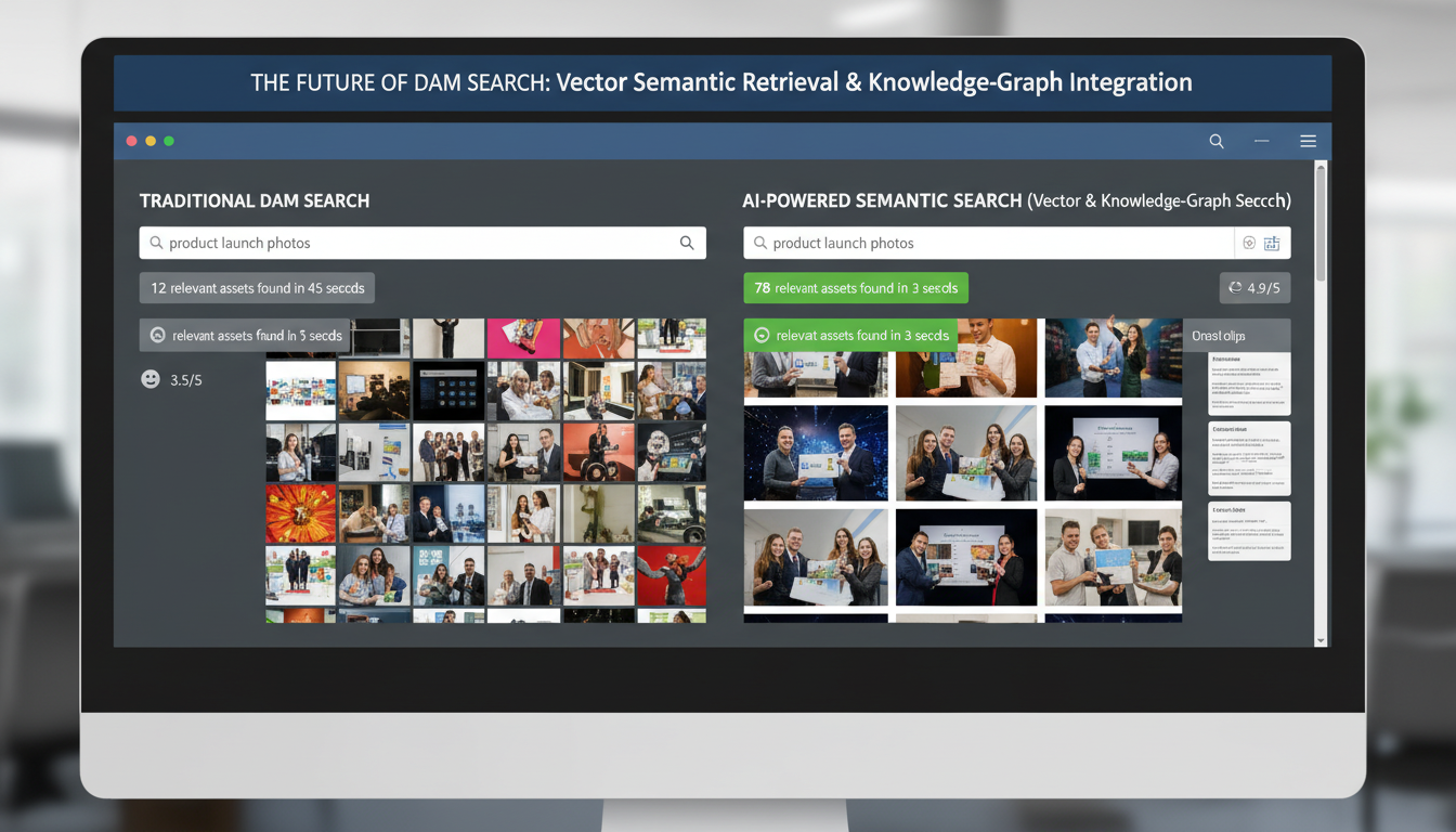 Dashboard comparing traditional vs AI vector search DAM results showing semantic retrieval finding 78 assets in 3 seconds